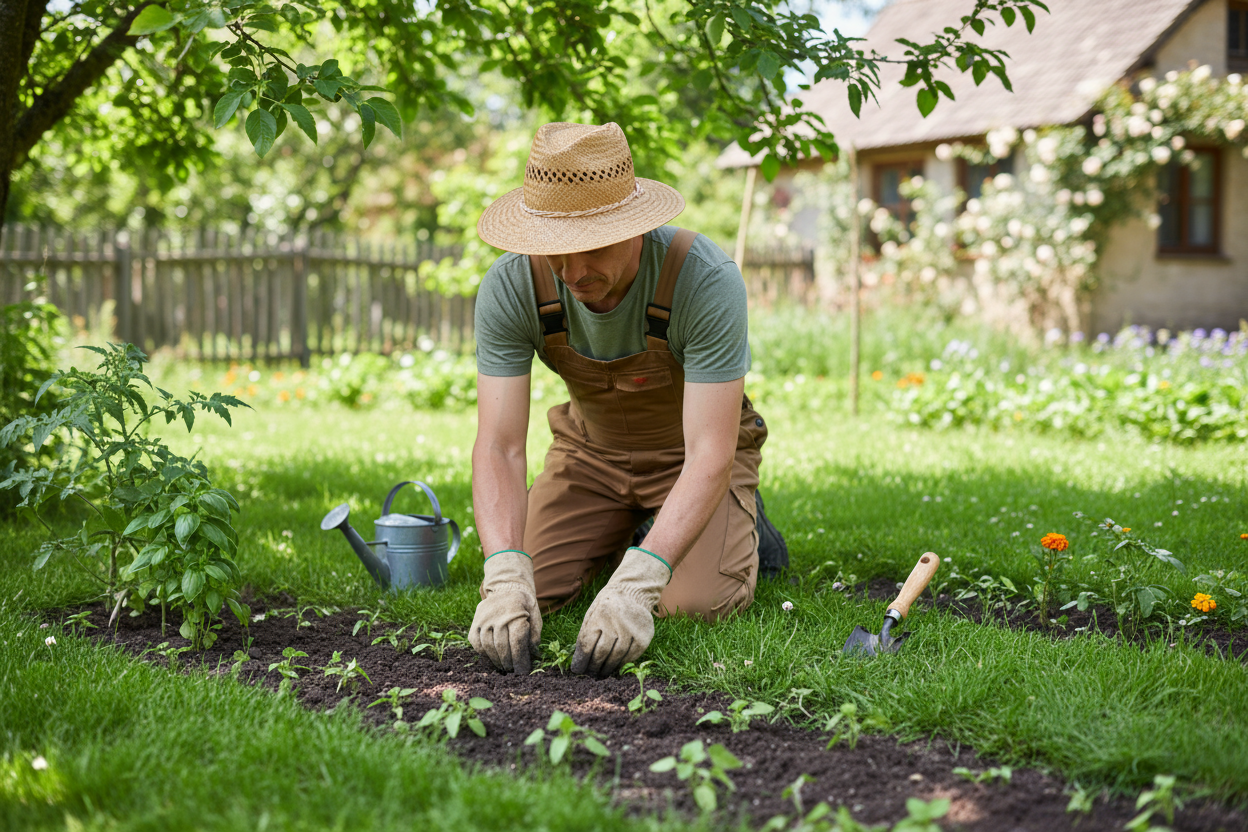 men gardener on a grass growing plant